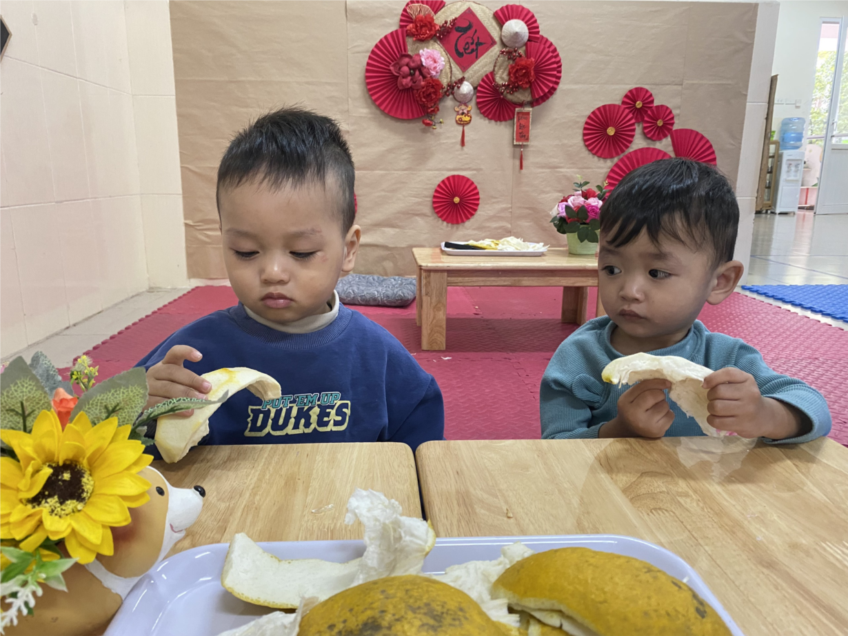 Các bé lớp D2 quan sát quả bưởi