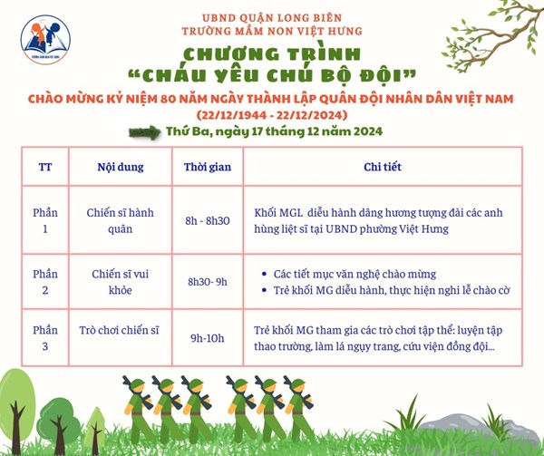 Ảnh đẹp tháng 12: Trường mầm non Việt Hưng hân hoan chào mừng kỷ niệm 80 năm ngày thành lập Quân đội nhân dân Việt Nam.